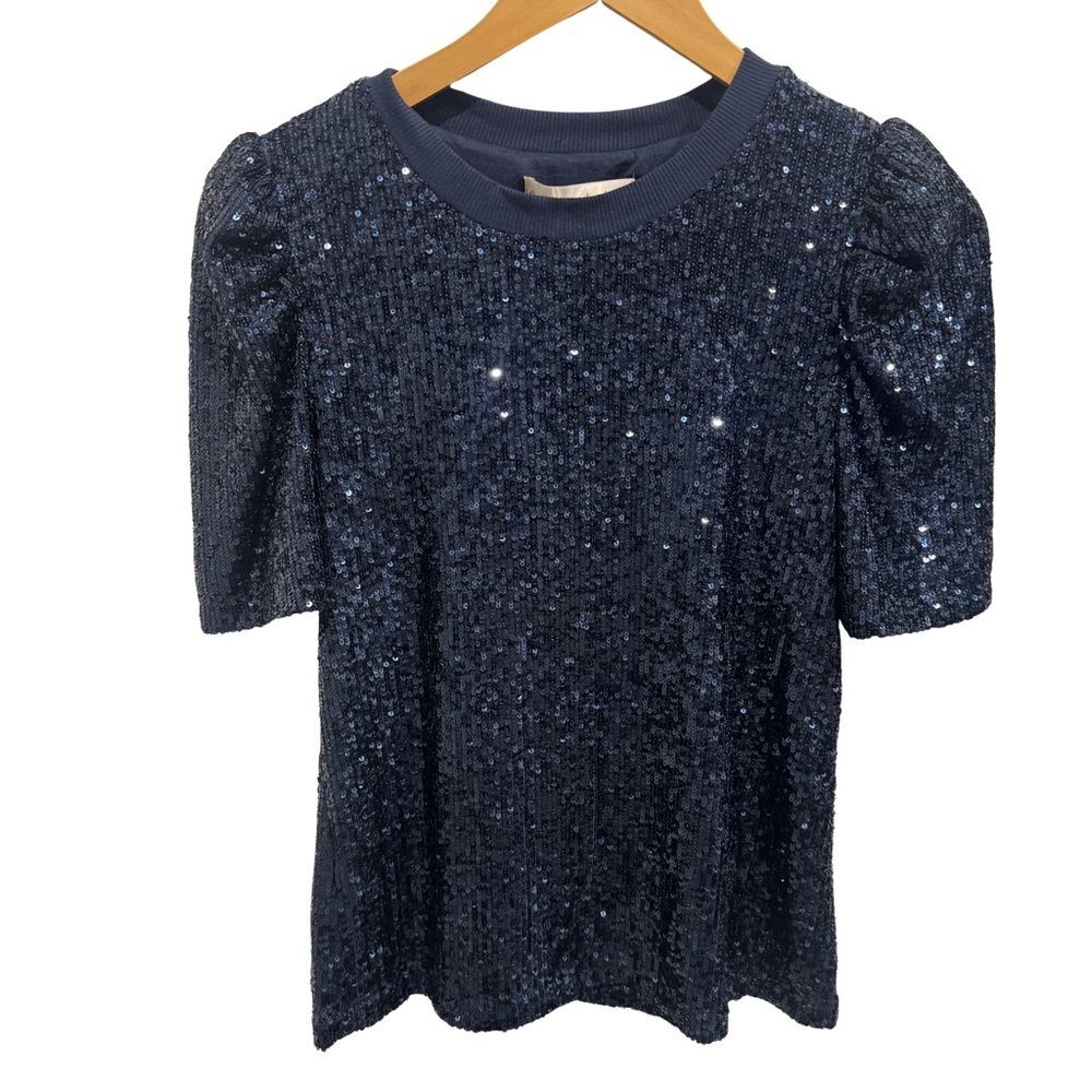 Catherine Malandrino Midnight Sequin Top Puff Sleeve Party Glam NWT Small
